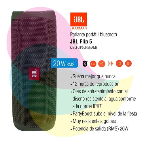 Imagen 2 de 9 de Parlante Jbl Flip 5 Bluetooth Jblflip5grenam Verde