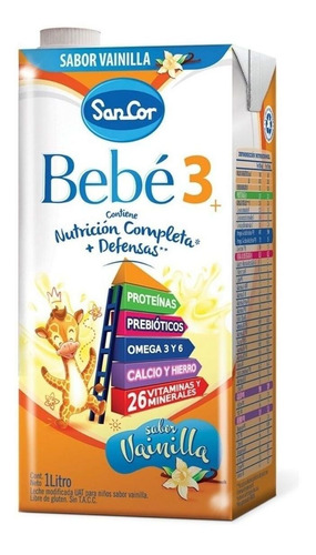 Leche de fórmula líquida sin TACC Mead Johnson SanCor Bebé 3 sabor vainilla en brick por 24 unidades de 1 L a partir de los 12 meses