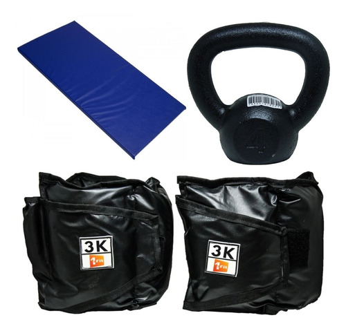 Kit Colchonete Azul+caneleira 3kg+kettlebell Pintado 4kg