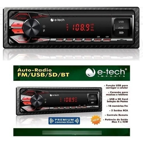 Radio Automotivo E-tech Premium - Bluetooth Usb Aux Controle