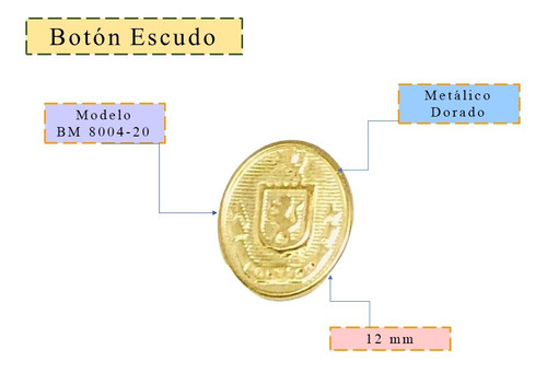 Botón Metálico Escudo Dorado. Tam 20 (12 Mm) 100 Pzas Aprox.
