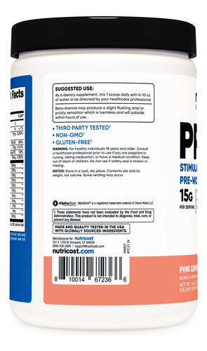 Preentrenamiento Nutricost Stim-free, 30 Porciones (limonada