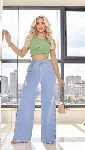 Cal a Feminina Jeans Premium Wid Leg Com Rasgos Nova Moda R 118 9
