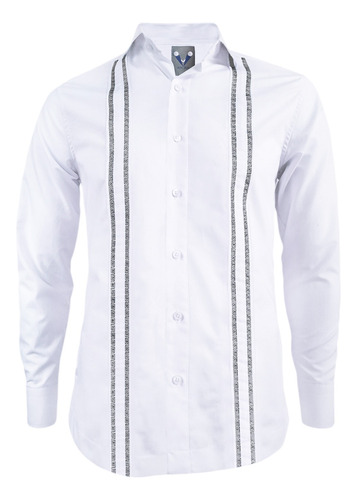 Camisa Guayabera Blanca Bordada Sin Bolsillos Manga Larga