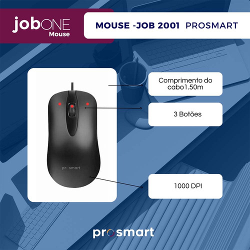 Mouse Com Fio Usb 1000 Dpi Job-2001 Prosmart Ambidestro