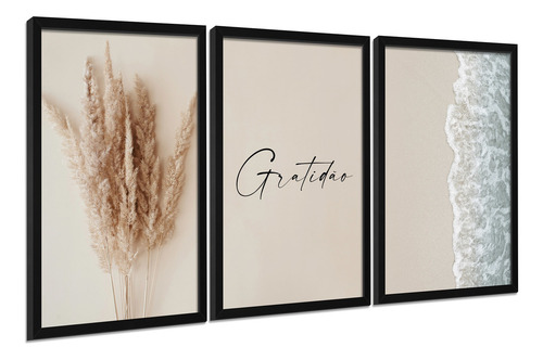 Quadros Decorativos Para Sala Quarto Bege Boho Mar Gratidão Cor Conforme Imagem Cor da armação Preto