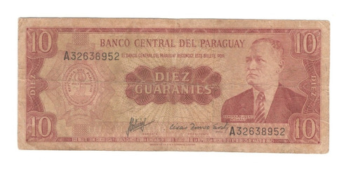 Billete Paraguay 10 Guaranies (1952) General Eugenio Agaray