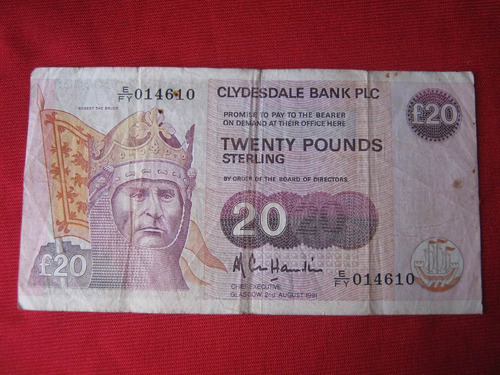 Escocia Clydesdale Bank Plc 20 Libras 1991 Muy Escaso