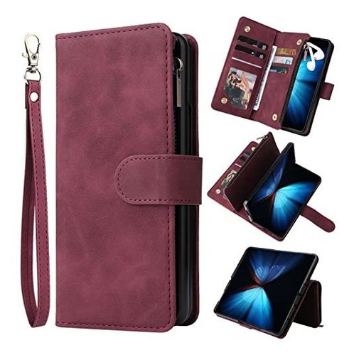 Funda Para Galaxy Fold 4 Billetera Con Correa Cuero Red Wine