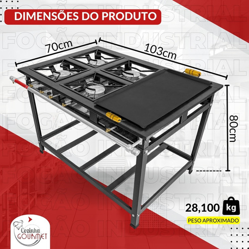 Fogão Alta Pressão Industrial 4 Bocas C/ Chapa Bife + Cor Preto A Gás
