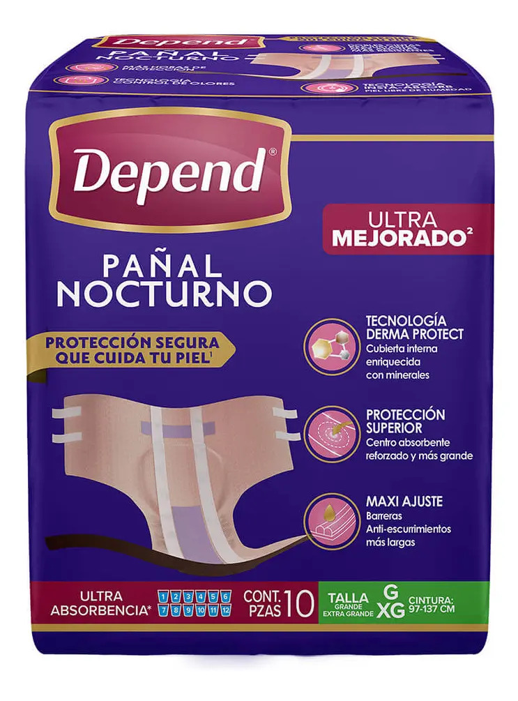 Pañales Nocturnos Para Adulto Depend Grande 10 Piezas