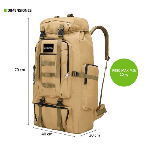 Imagen 3 de 9 de Mochila Tactica Camping 70-100 Lts Mochilero Ampliable Color Caqui