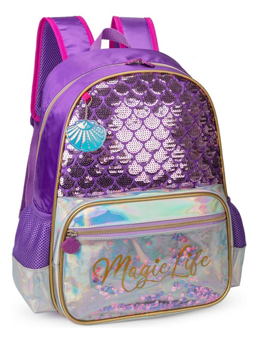 Mochila Feminina Concha Magic Life Paetê Lantejoula Escolar Cor Violeta