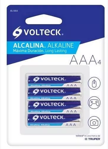 Blíster con 4 pilas alcalinas tamaño AA, Volteck, Pilas Alcalinas, 46315