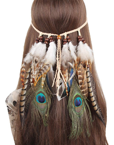 Diadema De Plumas Hippie Indio Bohemio, Con Borlas, Bohemio,