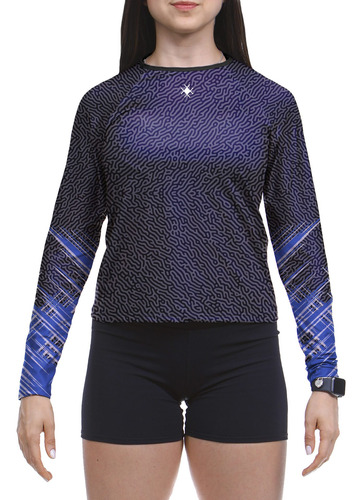 Camiseta Manga Longa Feminina Formas Geometricas Listra Azul