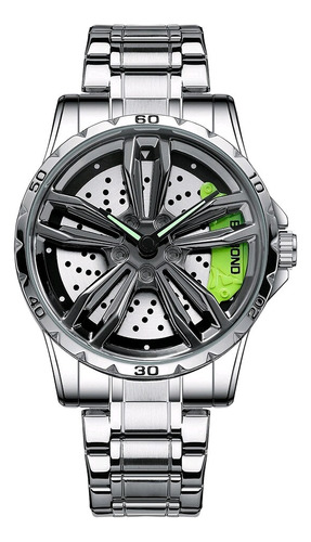 Reloj Llanta De Auto Giratoria Plateado Con Caliper Verde 