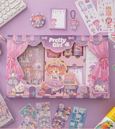 Set Kit Papelería Kawaii Washitape Sticker Libreta Notas :)