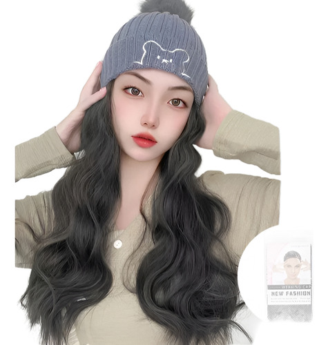 Peluca Negra Ondulada Larga Con Gorro Gris Pompón Invierno