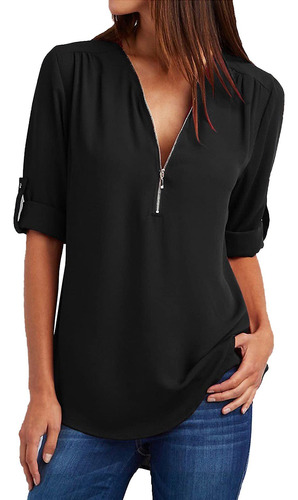 Camisas Tipo TĂșnica Con Cuello En V Y Cremallera Para Mujer,