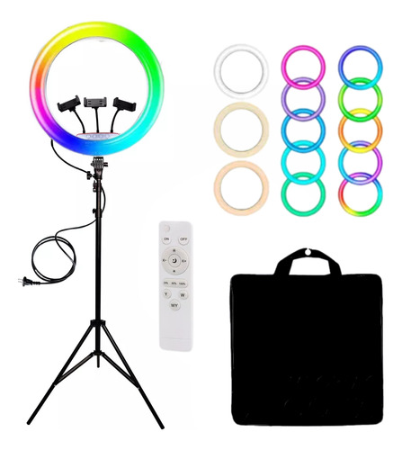 Lámpara Aro Luz Led Touch 18 PuLG Rgb Maletín Control 3 Cel