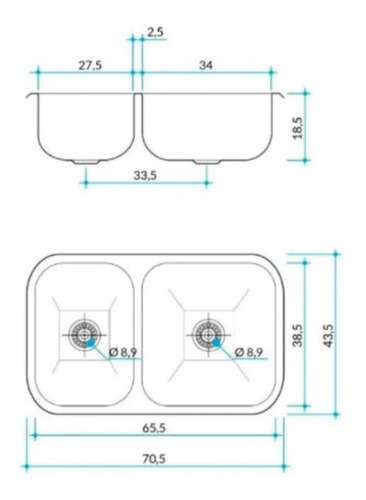 Bacha Doble R63/18 F Quadra 304 Acero Johnson Pulido Standard Pileta Inoxidable 304 Encastrable Cuadrada Sopapa