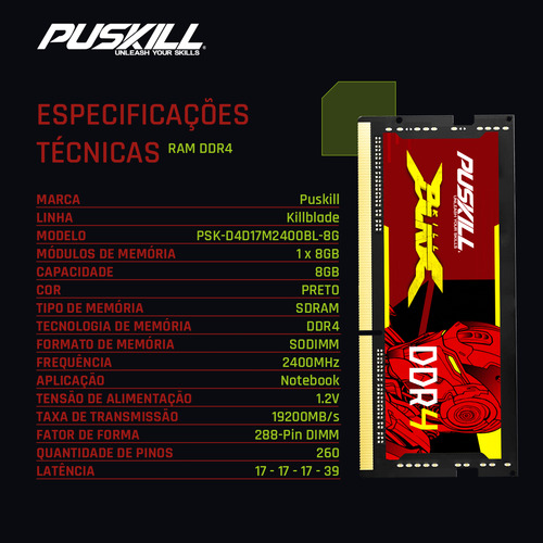 Memória Ram Gamer Notebook PUSKILL KILLBLADE 8gb Ddr4 2400mhz Cl17 1.2 Sodimm
