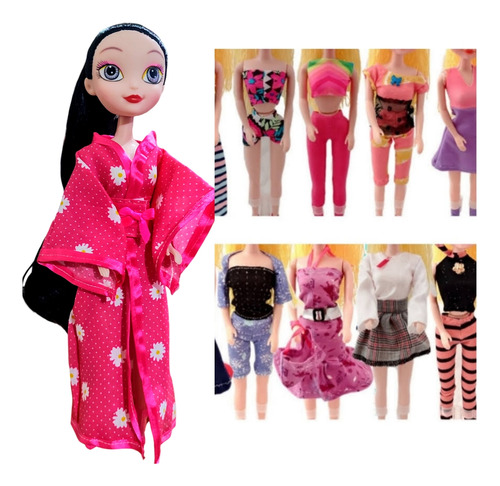 Muñeca Vestida Con Kimono + 10 Conjuntos De Ropa Económica 