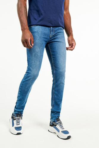 Jean Skinny Fit Azul Medio Con Costuras En Contraste Y Tiro