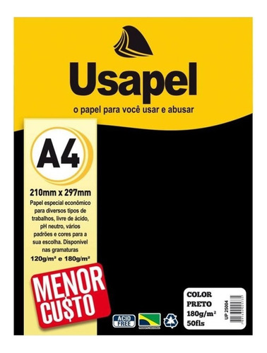 Pct De Papel Color Plus A4 180g Colorido Escola Arte C/50fls Cor Preto