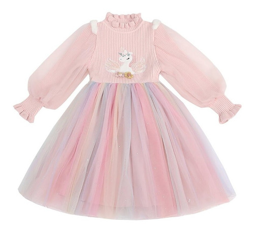 Vestido Casual De Manga Larga Para Niñas, Unicornio