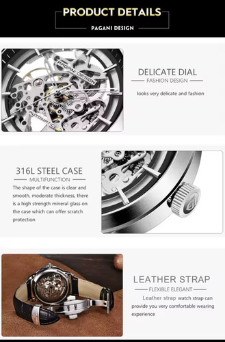 Reloj Mecánico Automático Pagani Design Pd-1638 Gold Black Negro Dorado Oscuro Dorado