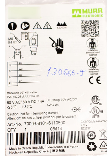 Murr - Cabo Com Conector 90° M8 Fêmea Pvc 4x0,25 5m Preto