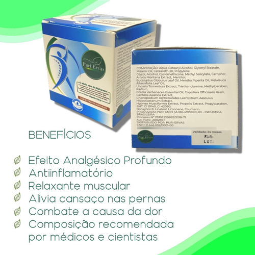 Creme Puriervas 100% Natural Auxilia Dores Articulação Ervas Natuairs Refrescantes