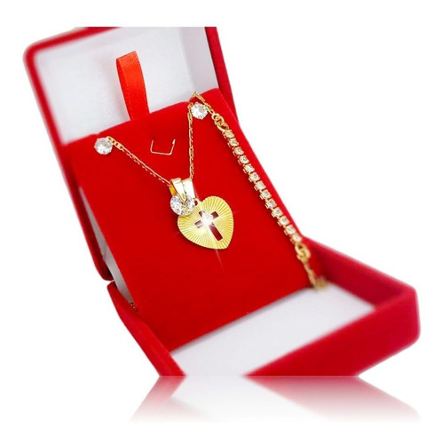 Imagem 2 de 5 de Colar E Brinco Pulseira Coração Ouro 18k Presente C/garantia