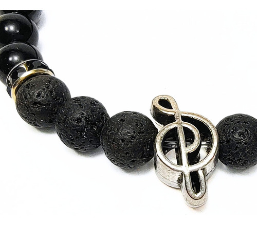 Pulsera De Hombre Con Piedra De Lava + Dije Clave De Sol