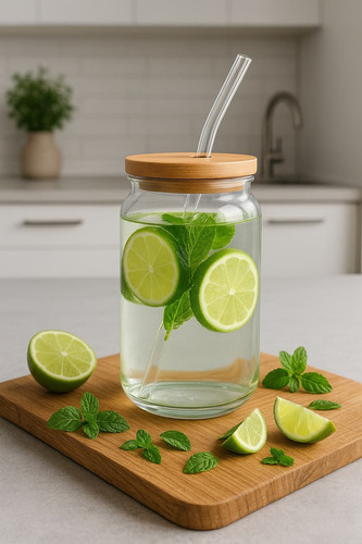 Vaso Con Sorbete De Vidrio Y Tapa Hermética De Bambú 580ml Color Transparente