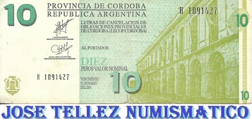 Ec# 298 Bono 10 Pesos Cordoba Serie H Año 2002 B+ Palermo