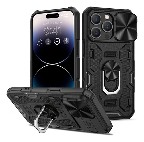 Capa case com anel e proteção impacto camera Skudo Defender 3 Slider preto com design iphone 14 pro max para Apple iPhone de 1 unidade