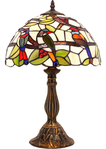 Lámpara Mesa Tiffany W12h18 Pulgadas Vitral Doble Pájaros Lu