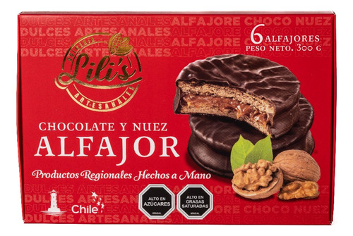 Alfajor Premium Chocolate Nuez Lili´s, Caja 06 Un, 300 Gr.