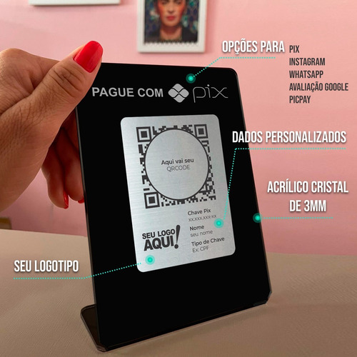 Placa Acrílico Preto C/ Prata Pix, Whatsapp, Google, Wifi