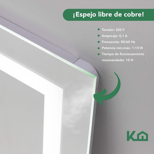 Espejo Con Luz Led Para Baño Rectangular 100x65 cm Decorativo Encendido Touch Iluminado Maquillaje Kingshouse