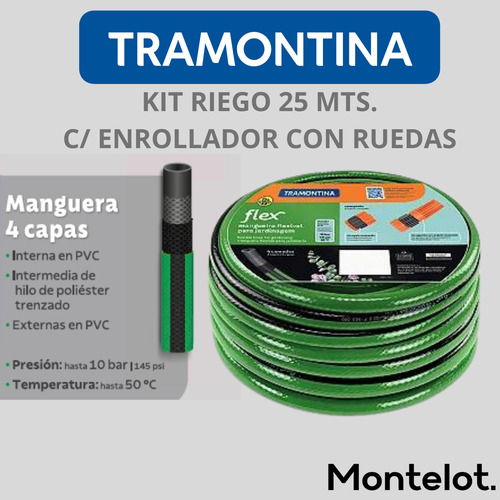 Carrete C/ Ruedas + Manguera 25 M. + Hidropistola Tramontina