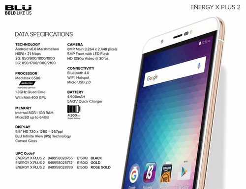 Blu Energy X2 Plus Android 6 Camara 8+5 Mpx Memoria 8+1gb