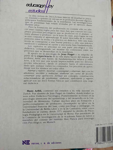12 Formas Básicas De Enseñar Hans Aebli Jedeys, Segunda Ed (Usado)