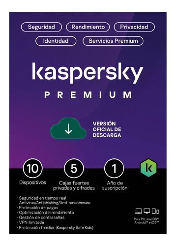 Imagen 1 de 5 de Kaspersky Antivirus Premium 10 Dispositivos Por 1 Año