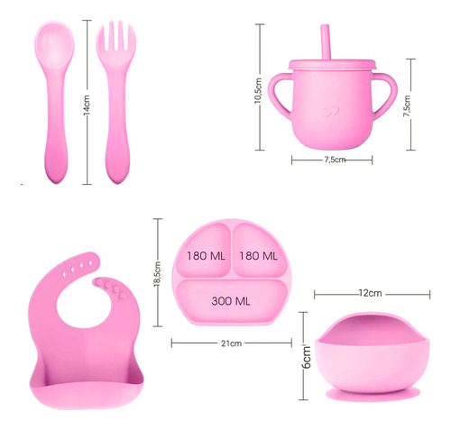 Set Rosa Alimentacion Bebe Silicona Completo Plato Vaso Bowl Liso Veoquiero