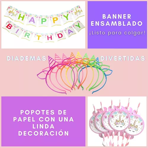 Kit completo de vajilla de decoración de fiesta de unicornio con platos,  vasos y cubiertos para 16, lindas decoraciones de cumpleaños de unicornio