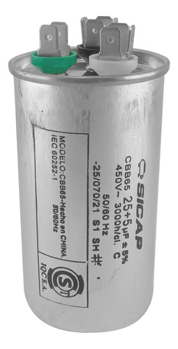 Capacitor Doble 25 + 5 Mf 50/60 Hz Aire Refrigeración 450v